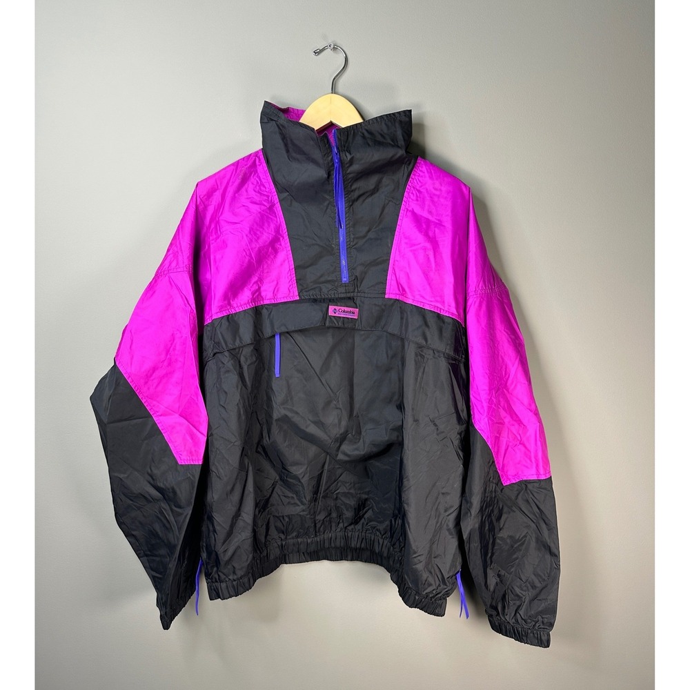 Vintage Columbia Windbreaker Mens XL Black Magenta Half Zip Radial Sleeve